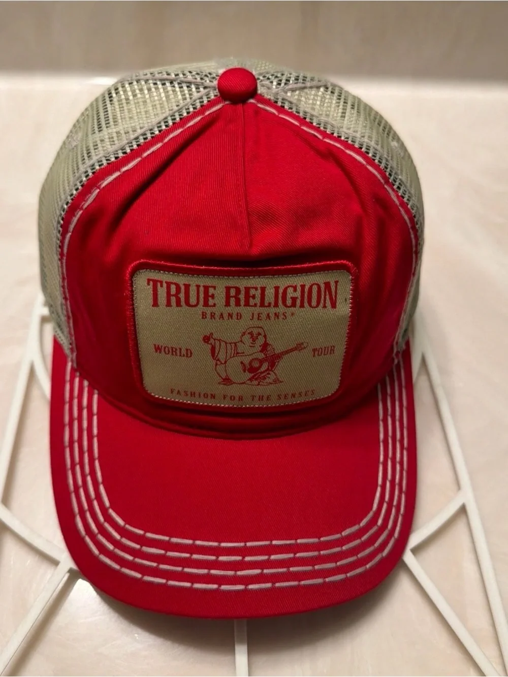 True Religion Red Trucker Hat with Tan Patch